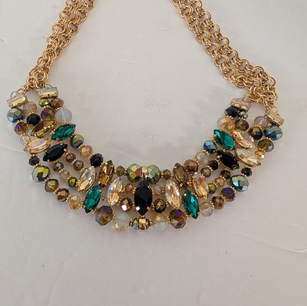 Necklace Statement Bib StatemeStyle Rhinestone Green, Gold And Bronze Gold Chain - Picture 4 of 4